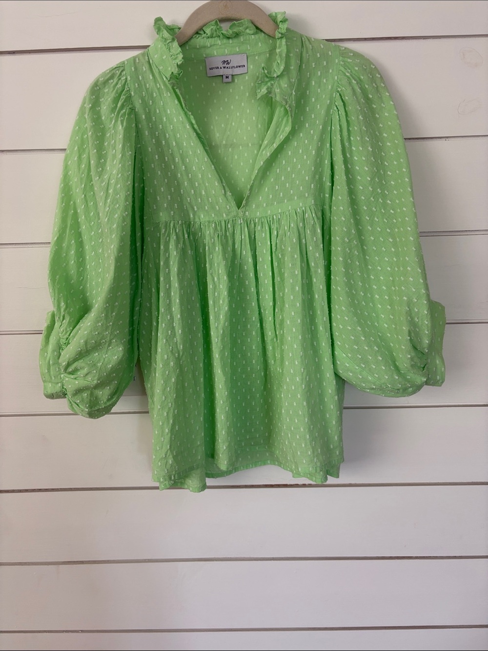 Never A Wallflower Light Green Ruffle V-Neck Puff Sleeve Blouse